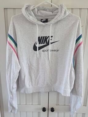 Nike Women's Light Gray Logo  Cropped Hoodie with Pink & Green Stripe Detail M